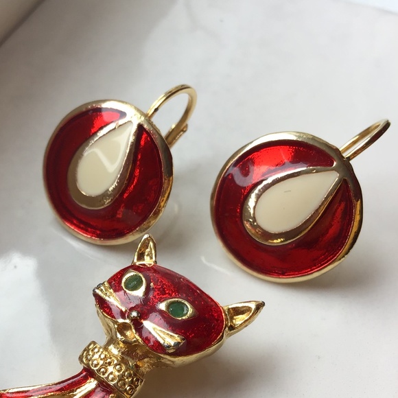 Vintage Cat Pendant & Pierced Earring Set - Picture 9 of 12
